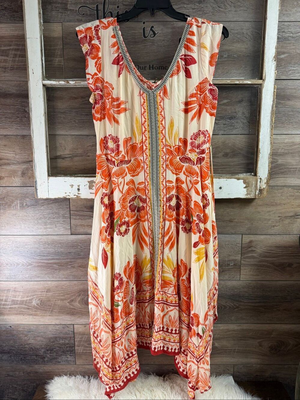 Sky and Sand Size Small Floral Handkerchief Hem Midi Dress 100% Rayon Boho